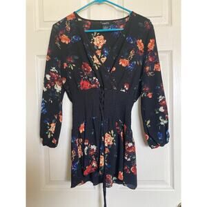 VTG Rue 21 Babydoll Top Size Small Deep V-neck Corset Lace Up Smock Waist Flaw*